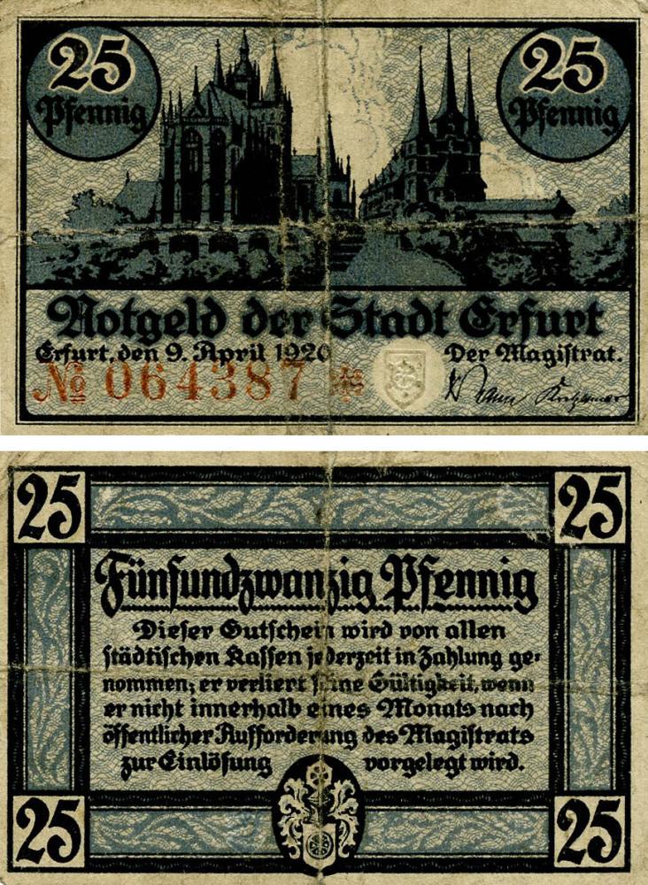 Коллекционная банкнота Германия Нотгельд 25 пфеннигов 1920 F-VF Эрфурт (Б18568)