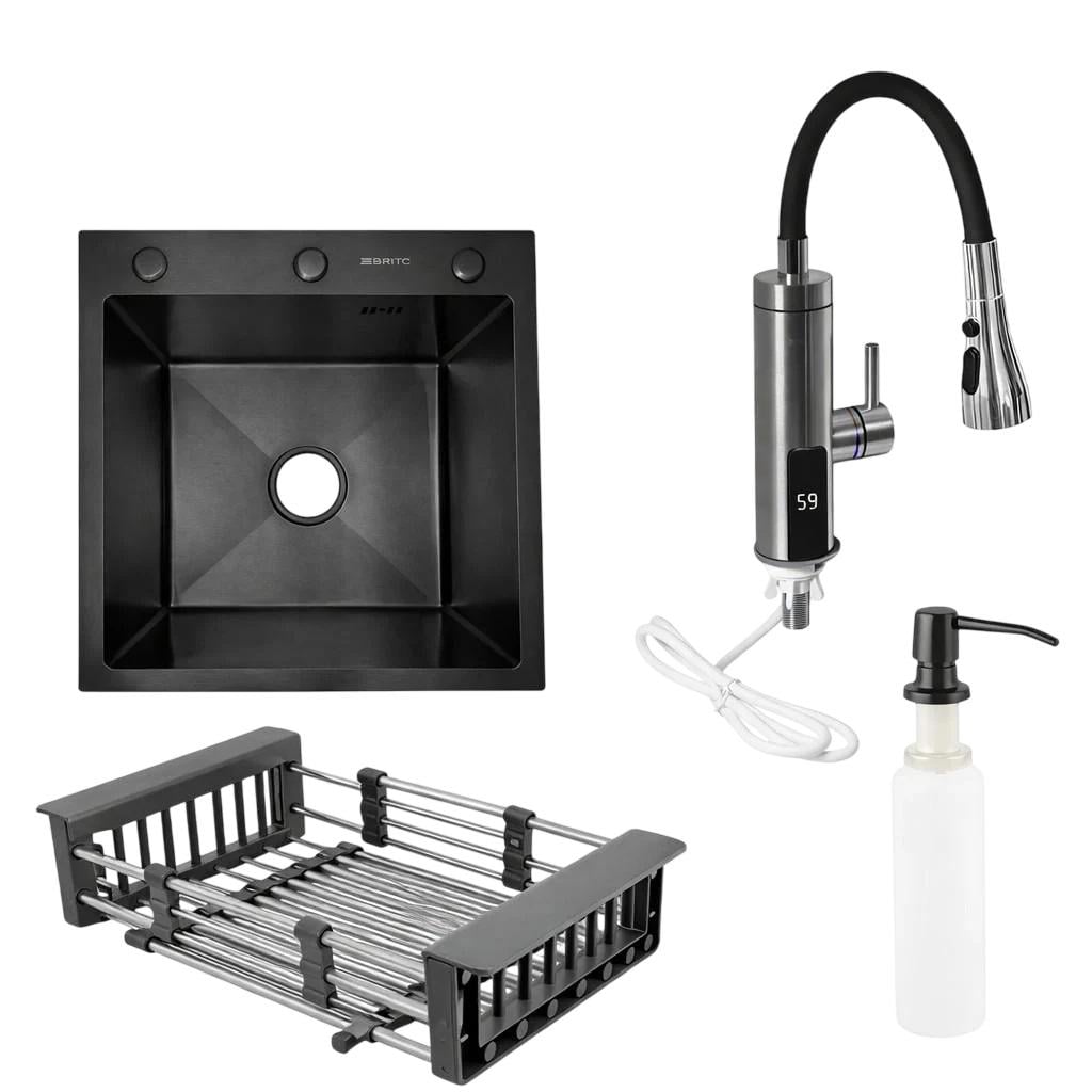 Комплект на дачу Britc кухонна мийка 50х50 PVD нержавіюча сталь/кран-водонагрівач проточний з дисплеєм/аксесуари