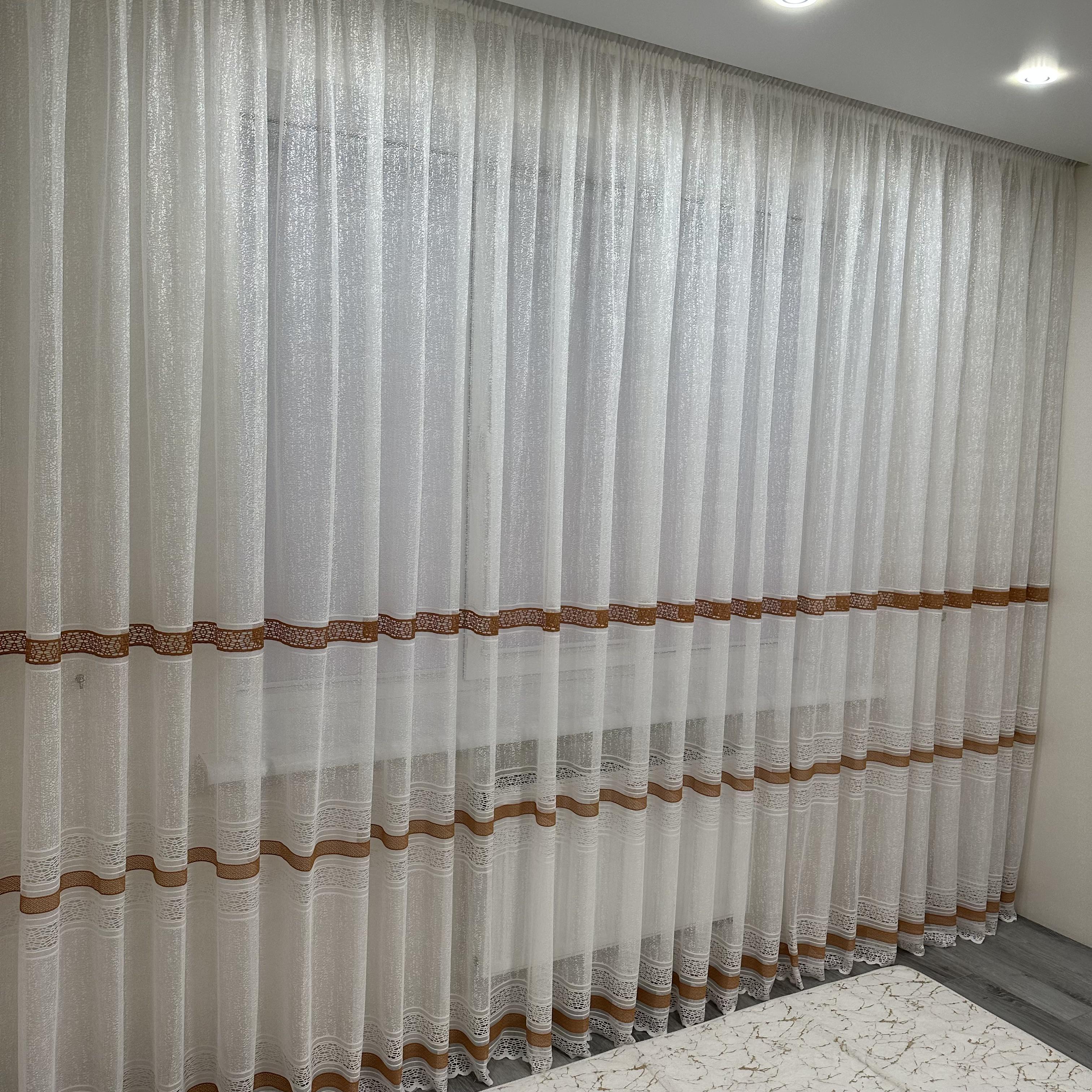 Тюль жаккард готова з візерунком 300х270 см на тасьмі 6 см 2 ряди петель Коричневий/Білий (ТПК-3) - фото 7 Тюль жаккард готова з візерунком 300х270 см на тасьмі 6 см 2 ряди петель Коричневий/Білий (ТПК-3) - фото 7