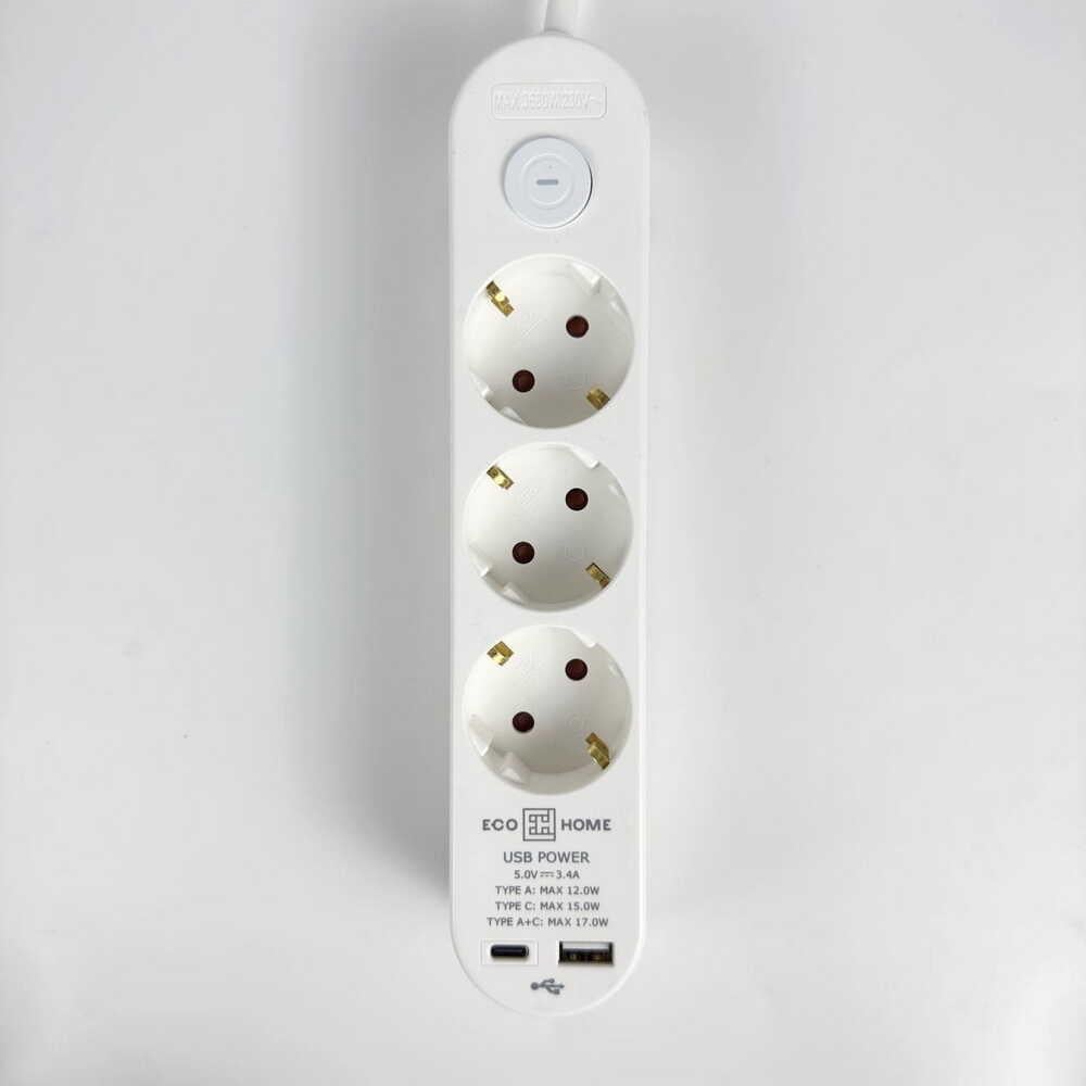 Подовжувач тримісний АСКО-УКРЕМ Ornat побутовий з з/к USB Type-C 3 м Білий (ECO019001002) - фото 9
