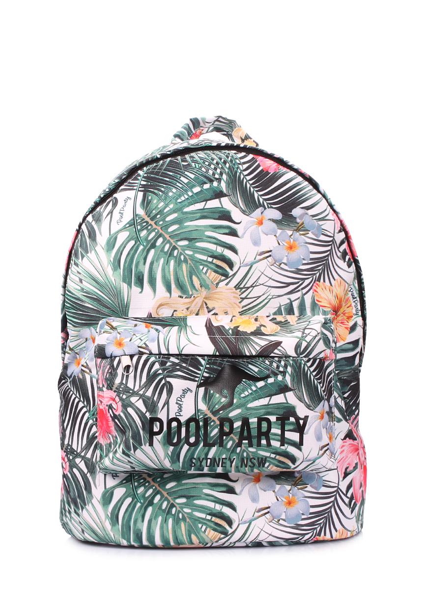 Рюкзак міський з тропічним принтом POOLPARTY Backpack-oxford-tropic 40х30х16 см Білий/Зелений