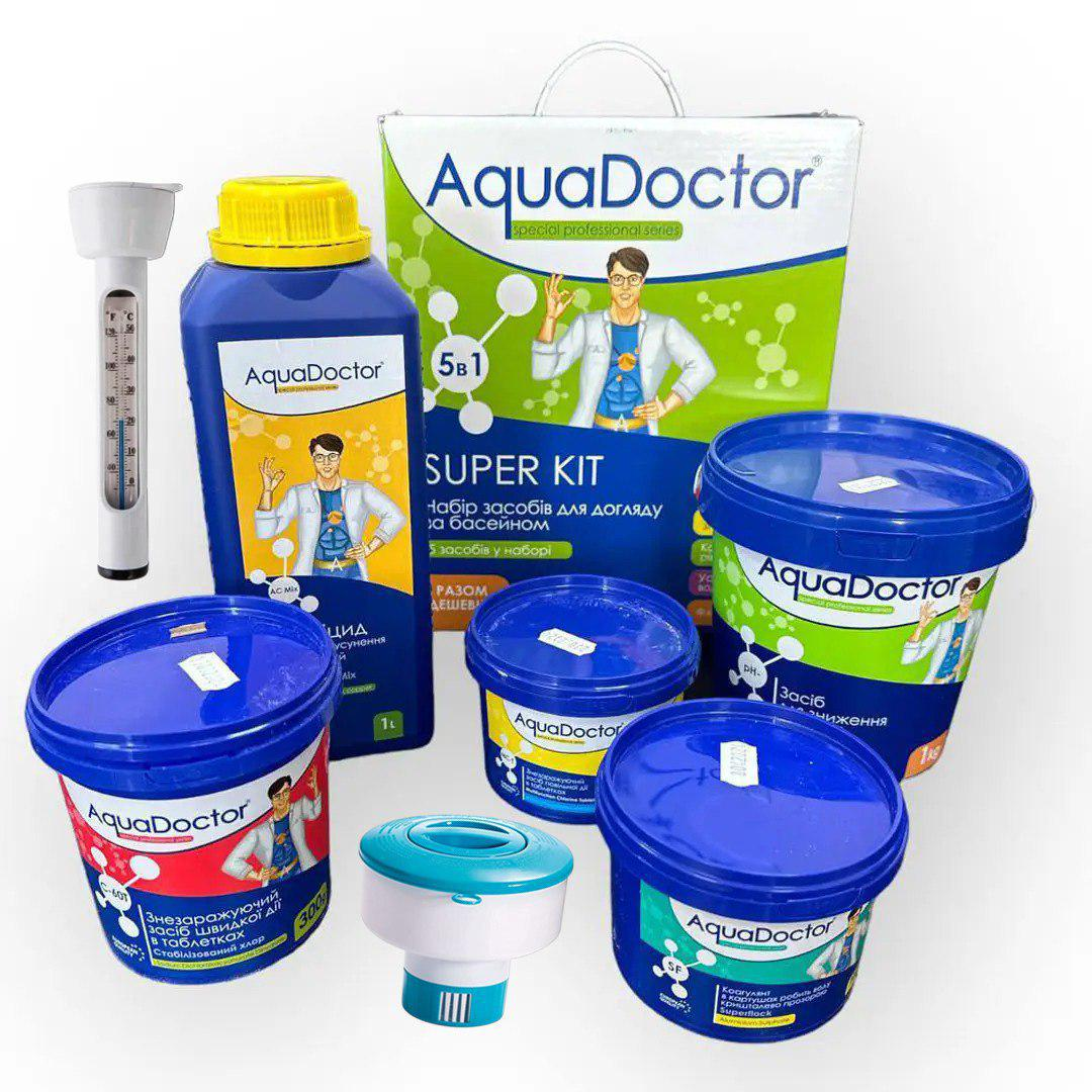 Набор стартовых средств по уходу за бассейном AquaDoctor Super Kit Combo термометр/дозатор 7в1 (7823)