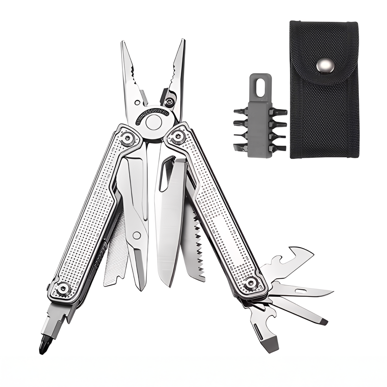 Мультитул 25в1 из нержавеющей стали 420 универсальный инструмент складной с набором бит и нейлоновым чехлом Silver (001161)