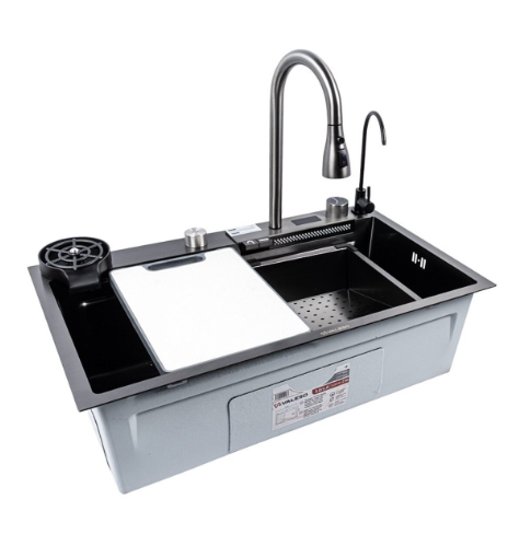 Комплект кухонна мийка і змішувач Valeso Handmade Водоспад PVD G 75x45 см Чорний (SP000051278)