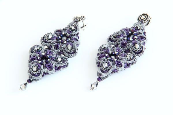 Сережки мереживні двосторонні з бісером та намистинами Оріон ручна робота (ER-0074)