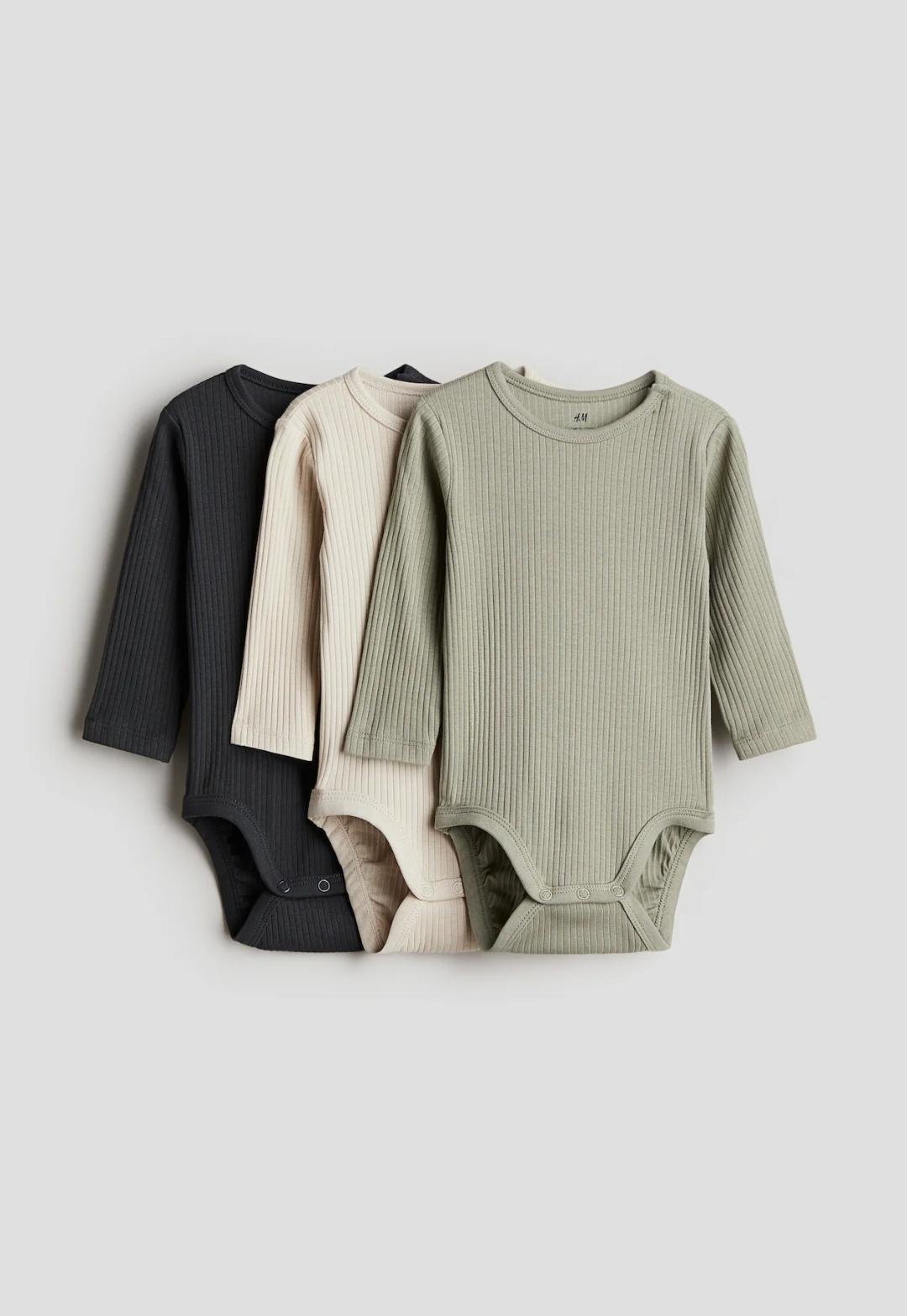 Набор детских боди для новорожденных H&M 62 см 3 шт. Бежевый/Хаки/Черный (26010701)