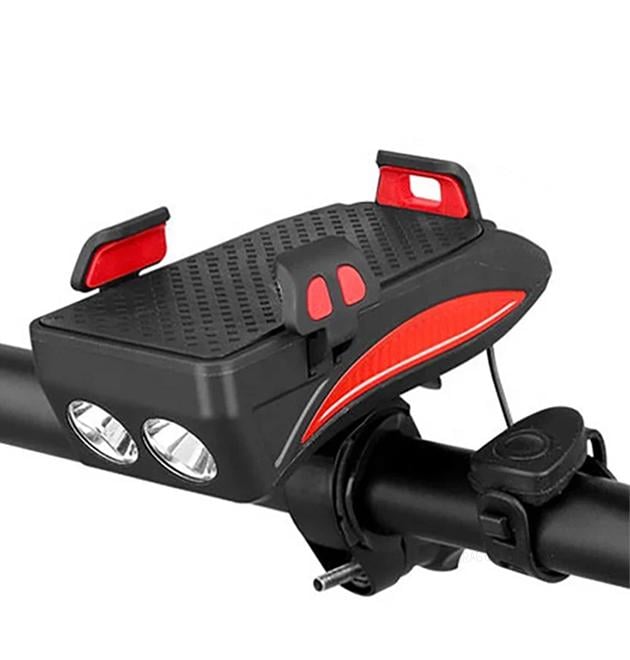 Фонарь велосипедный 4в1 многофункциональный со звонком на 130 дБ и держатель Bicycle horn Красный