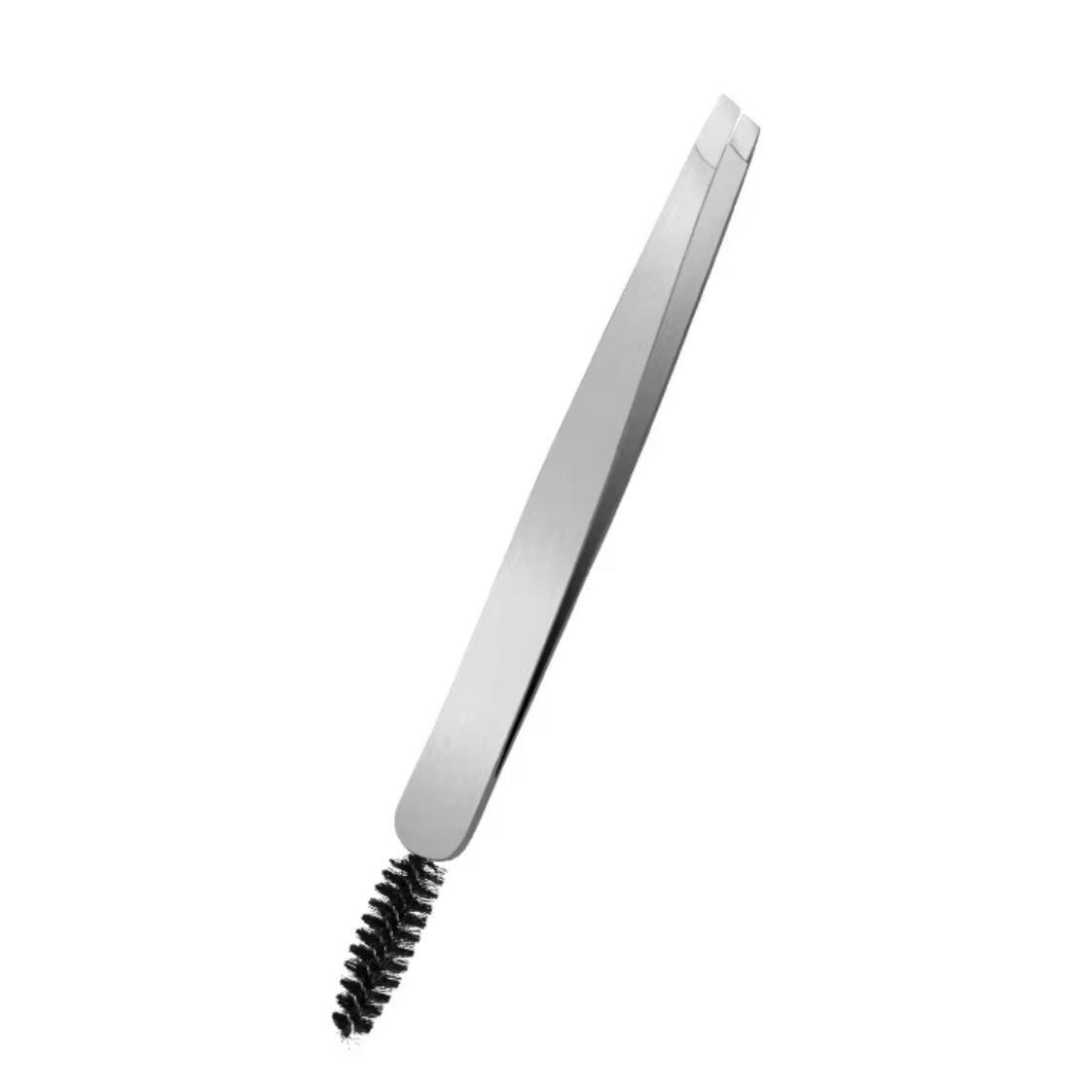 Пінцет для брів зі щіточкою скошений Срібний