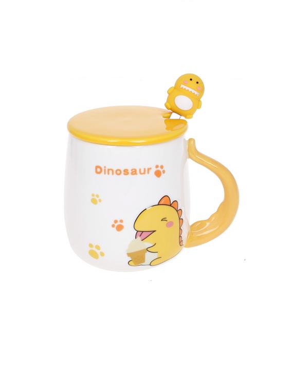 Кружка фарфоровая с крышкой и ложкой BonaDi Dinosaur 430 мл Белый/Желтый (927-224-1)