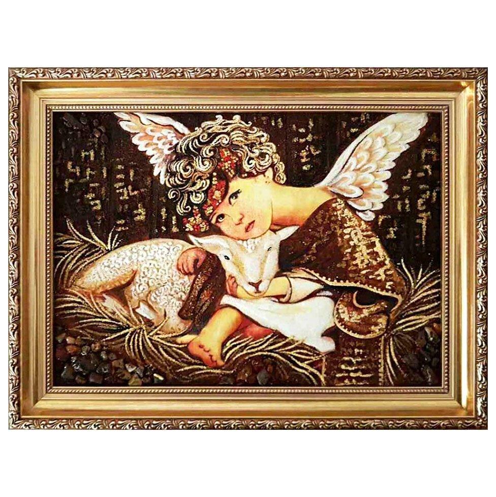 Картина Ангелочек с овцой из янтаря 20х30 см (К0104-20х30)