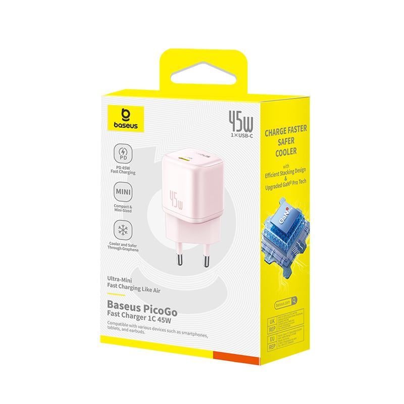 Зарядний пристрій для Baseus PicoGo GaN Fast Charger 1C 45W EU Baby Pink (P10176800413-00)