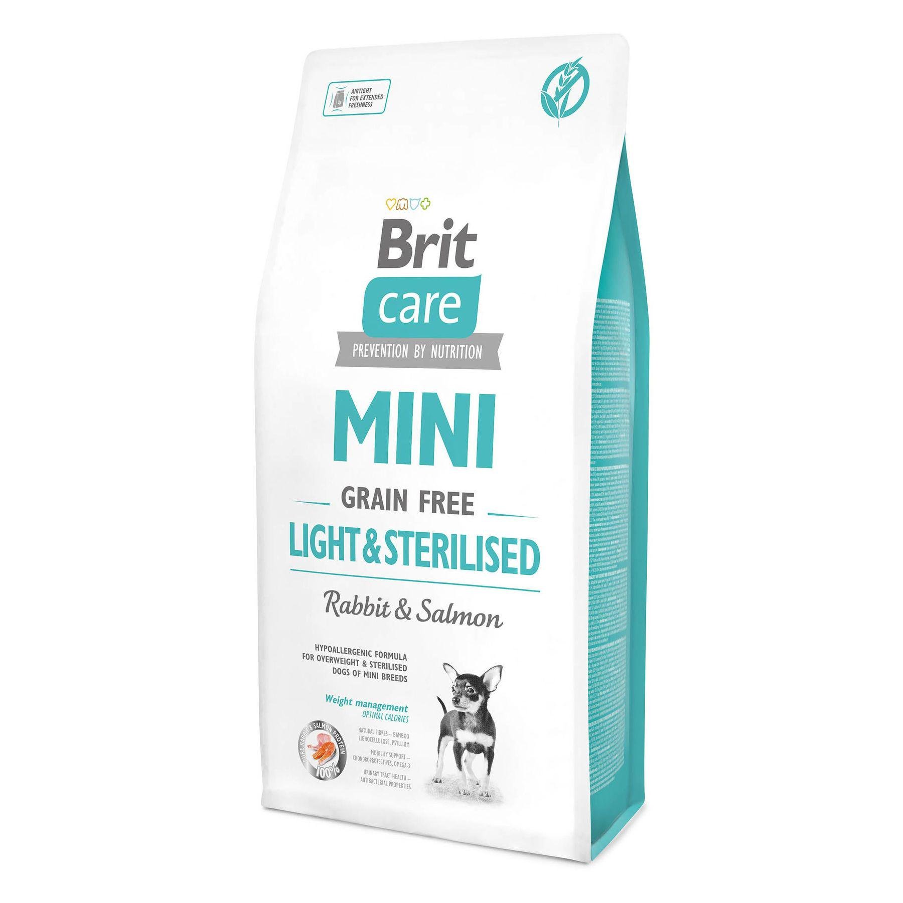Корм сухой гипоаллергенный Brit Care Mini Grain Free Light & Sterilised для взрослых стерилизованных собак с кроликом и лососем 7 кг (21081)