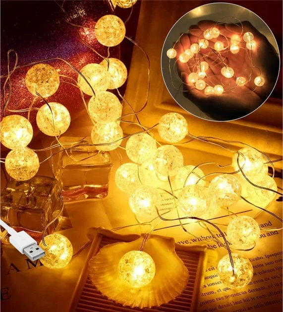 Гирлянда-нить диодная Хрустальные шарики USB/батарейка 20LED 2 м (1000-RV355)