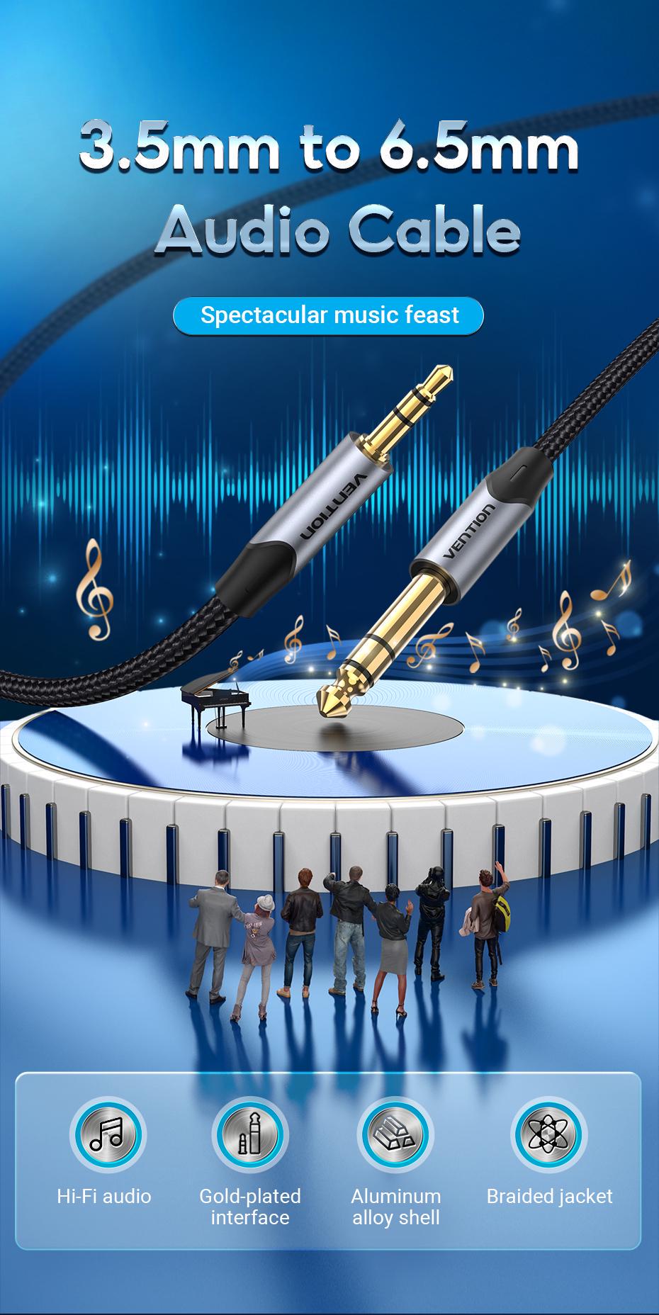 Кабель Vention 6.5 мм Jack-3.5 мм minijack HiFi стерео AUX на 6.35 мм нейлонове обплетення TRS 5 м Чорний (BAUHJ) - фото 2 Кабель Vention 6.5 мм Jack-3.5 мм minijack HiFi стерео AUX на 6.35 мм нейлонове обплетення TRS 5 м Чорний (BAUHJ) - фото 2