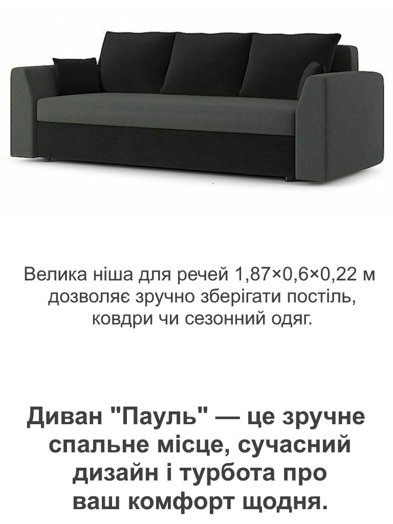 Диван Пауль 230х90 см Сірий/Чорний (25484840) - фото 5 Диван Пауль 230х90 см Сірий/Чорний (25484840) - фото 5