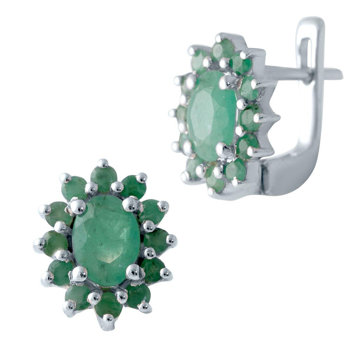 Сережки срібні з натуральним смарагдом у квітковому дизайні Сережки срібні з натуральним смарагдом у квітковому дизайні