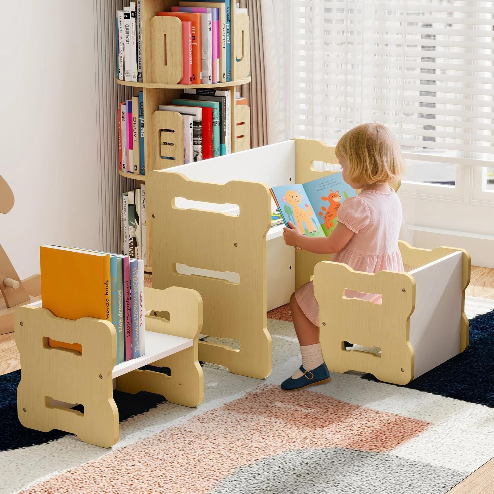 Набір дитячий Costway Montessori зі столиком і 4 трансформованими стільчиками-контейнерами Натуральне дерево (COSTWAY-KIDS-0798)