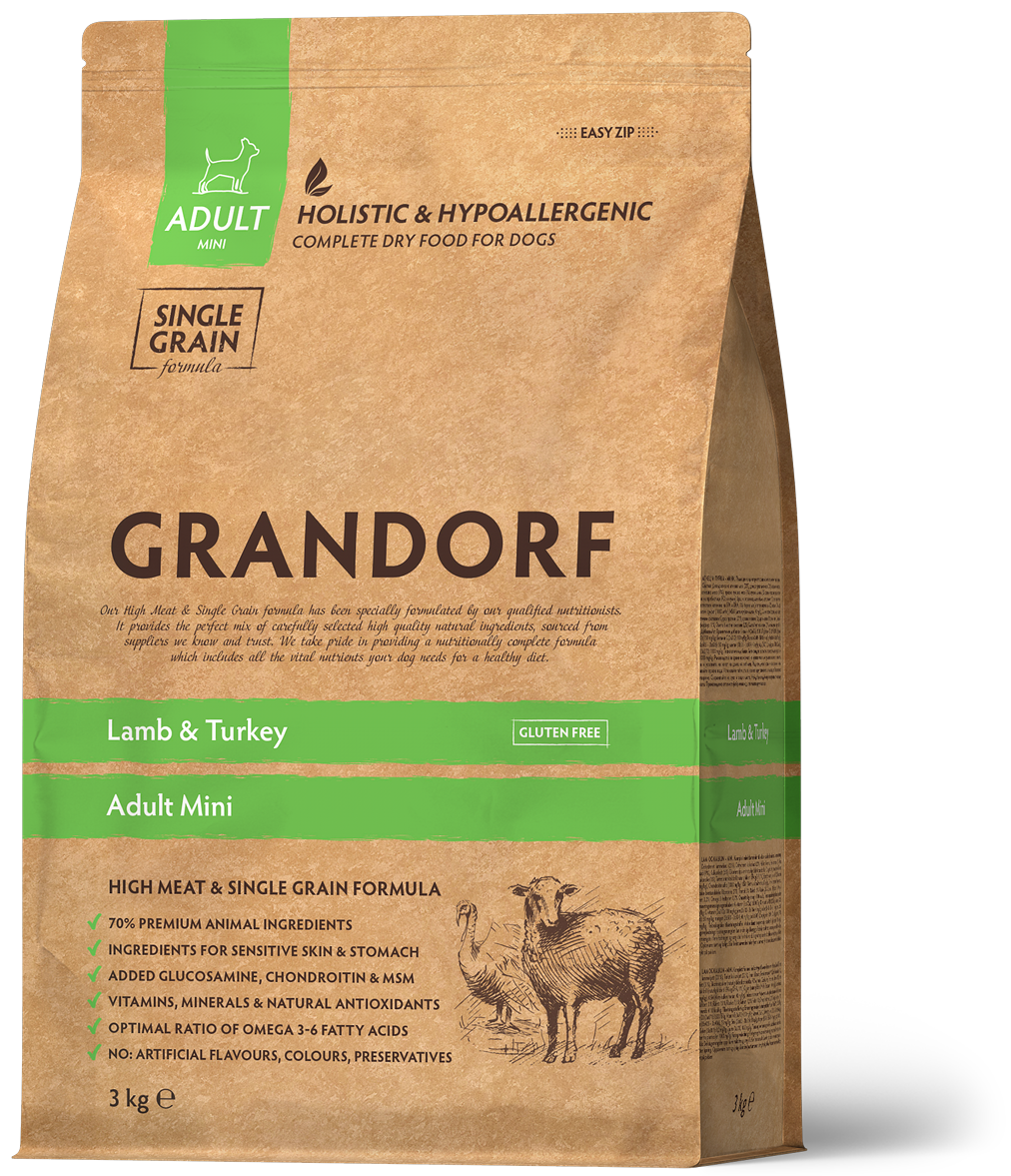 Корм для взрослых собак мелких пород Grandorf LAMB & TURKEY мини ягненок с индейкой 3 кг (93103)