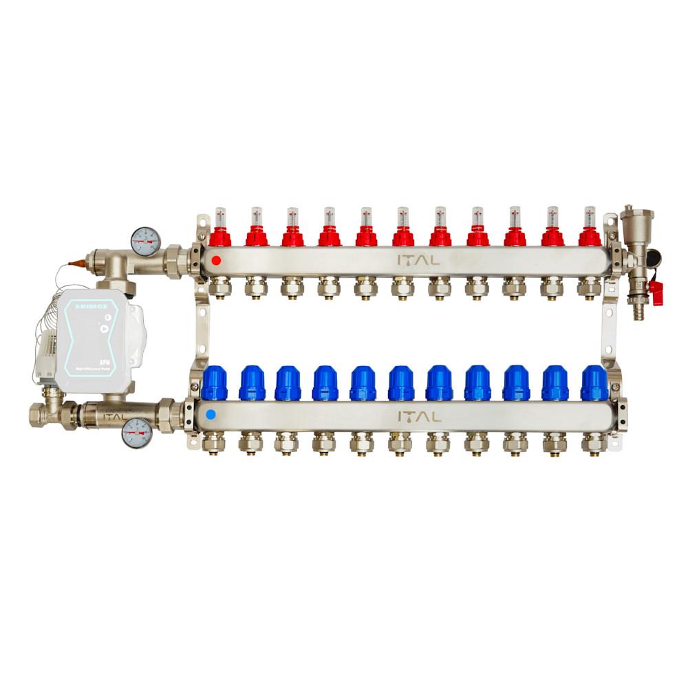 Комплект коллектора с расходомерами ITAL UHW-B011 из нержавеющей стали с угловым подключением Комплект коллектора с расходомерами ITAL UHW-B011 из нержавеющей стали с угловым подключением
