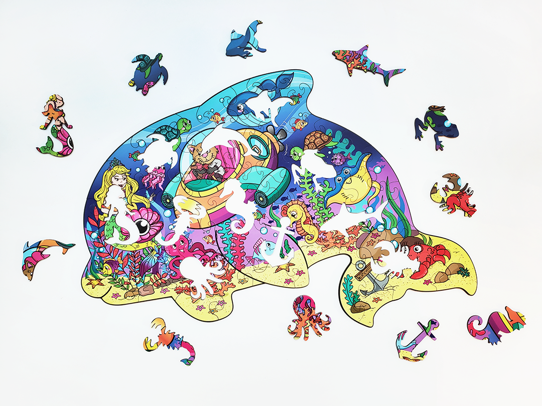 Пазл деревянный Подводный мир в форме дельфина 49,1 х34, 3 см 58 шт. (1543566781)