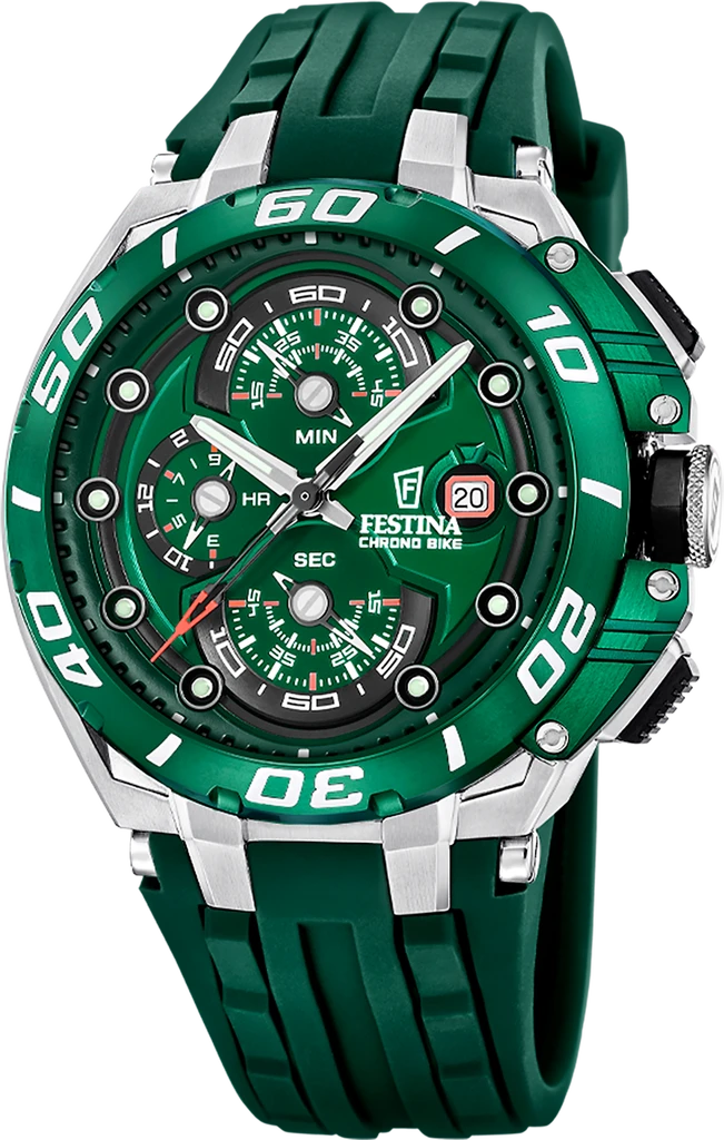 Наручний годинник чоловічий Festina F20755/3 Chrono Bike з сталевим корпусом WR 200 м та зеленим циферблатом