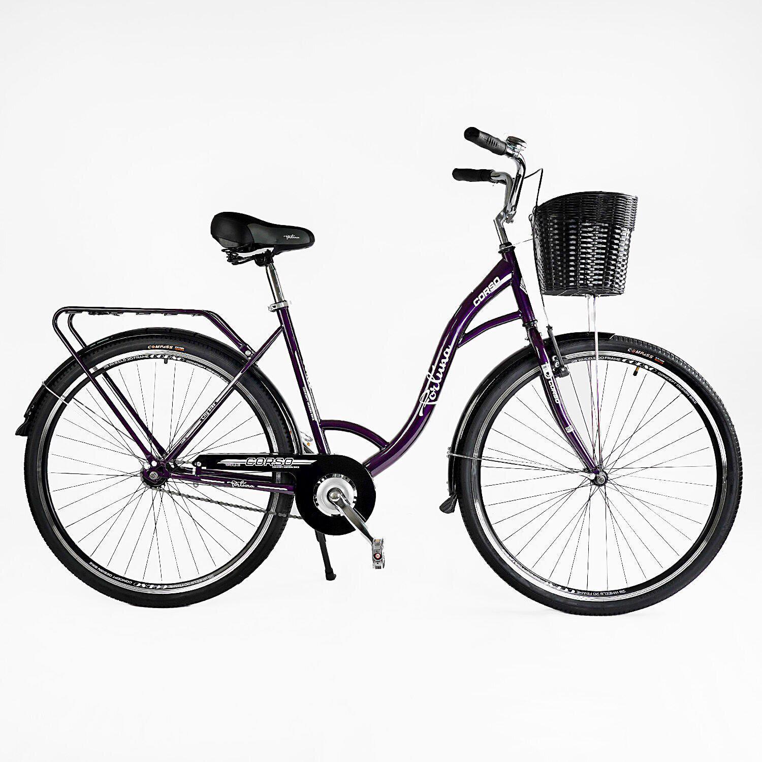 Велосипед городской Corso Fortuna с корзиной и багажником рама 20"/28" Фиолетовый - фото 1 Велосипед городской Corso Fortuna с корзиной и багажником рама 20"/28" Фиолетовый - фото 1