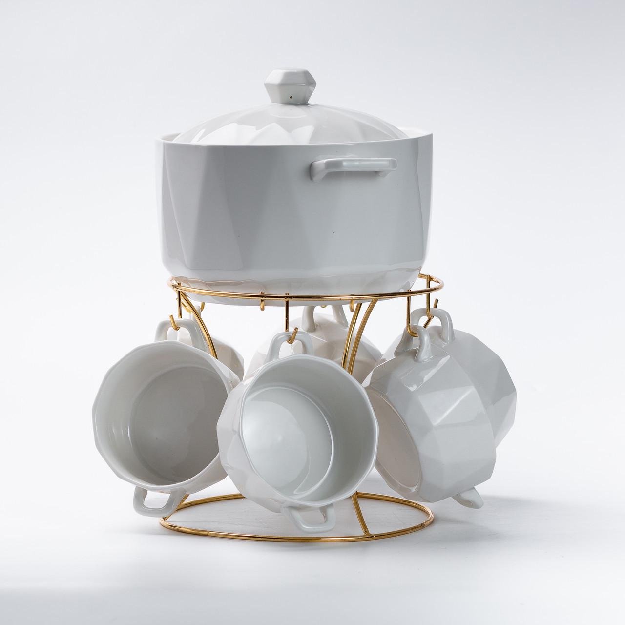 Столовий сервіз суповий на 6 персон на металевій підставці Білий - фото 4