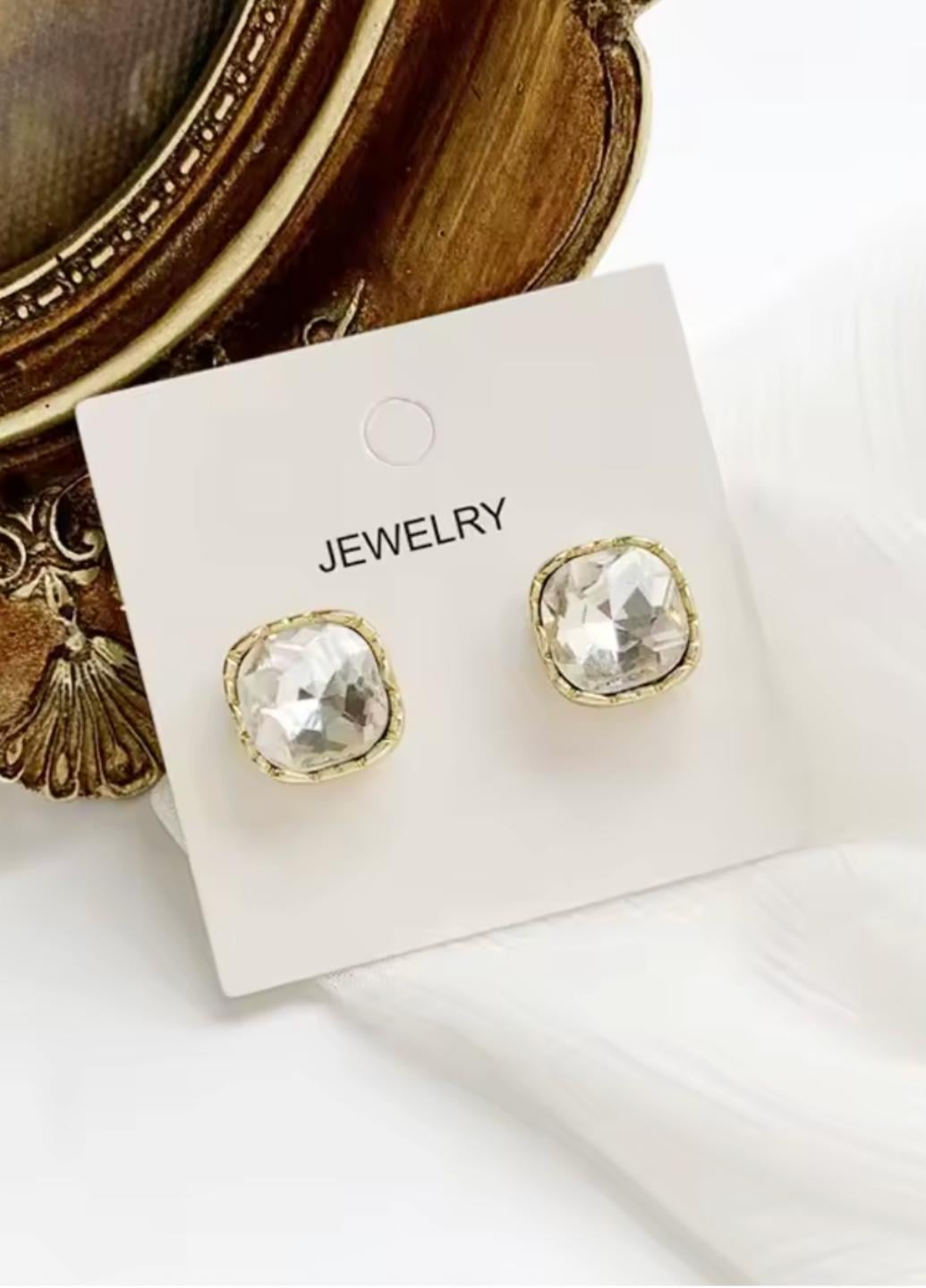 Серьги гвоздики женские с квадратным белым камнем Fashion Jewelry Золотистый (18918)