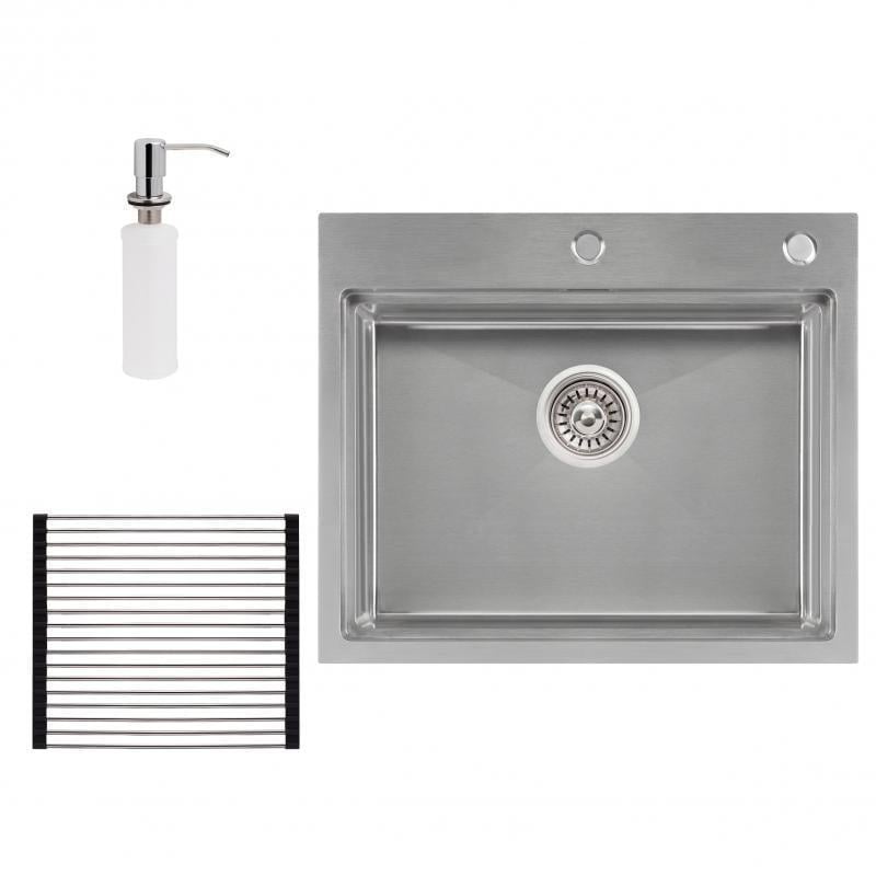 Кухонная мойка Q-tap DH6050 3,0/1,2 мм Satin и сушилка/дозатор для моющего средства (13980)