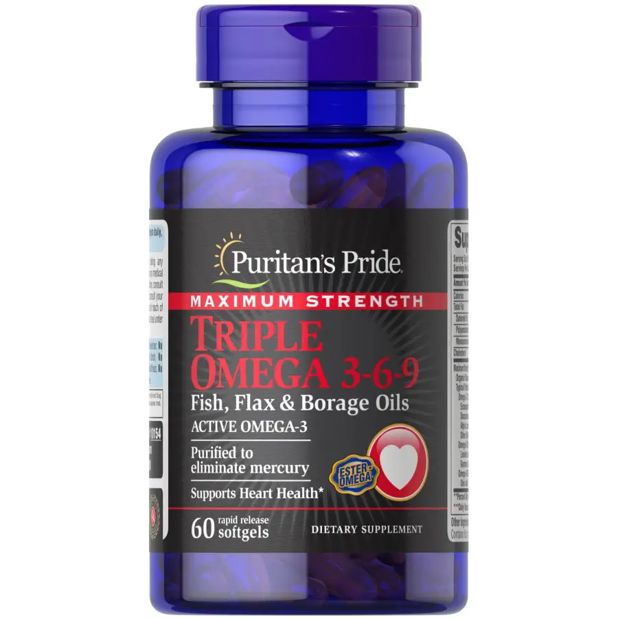 Жирные кислоты Puritans Pride Maximum Strength Triple Omega 3-6-9 Fish Flax&Borage Oils 60 Softgels