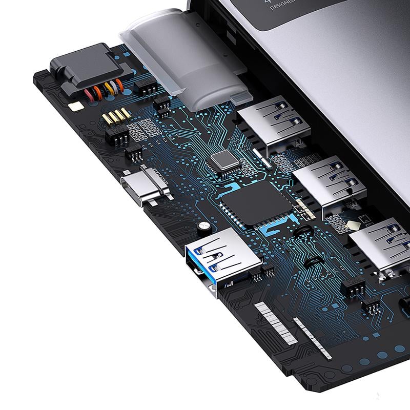USB-хаб BASEUS Metal Gleam Series 4-in-1 Multifunctional Type-C HUB Docking Station Type-C to USB3.0х4 Gray (WKWG070013) - фото 7 USB-хаб BASEUS Metal Gleam Series 4-in-1 Multifunctional Type-C HUB Docking Station Type-C to USB3.0х4 Gray (WKWG070013) - фото 7