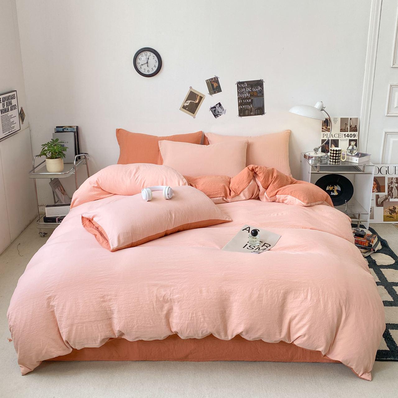 Комплект постельного белья Тень сатин евро/наволочки 50х70/70х70 см Персиковый/Розовый (6874)