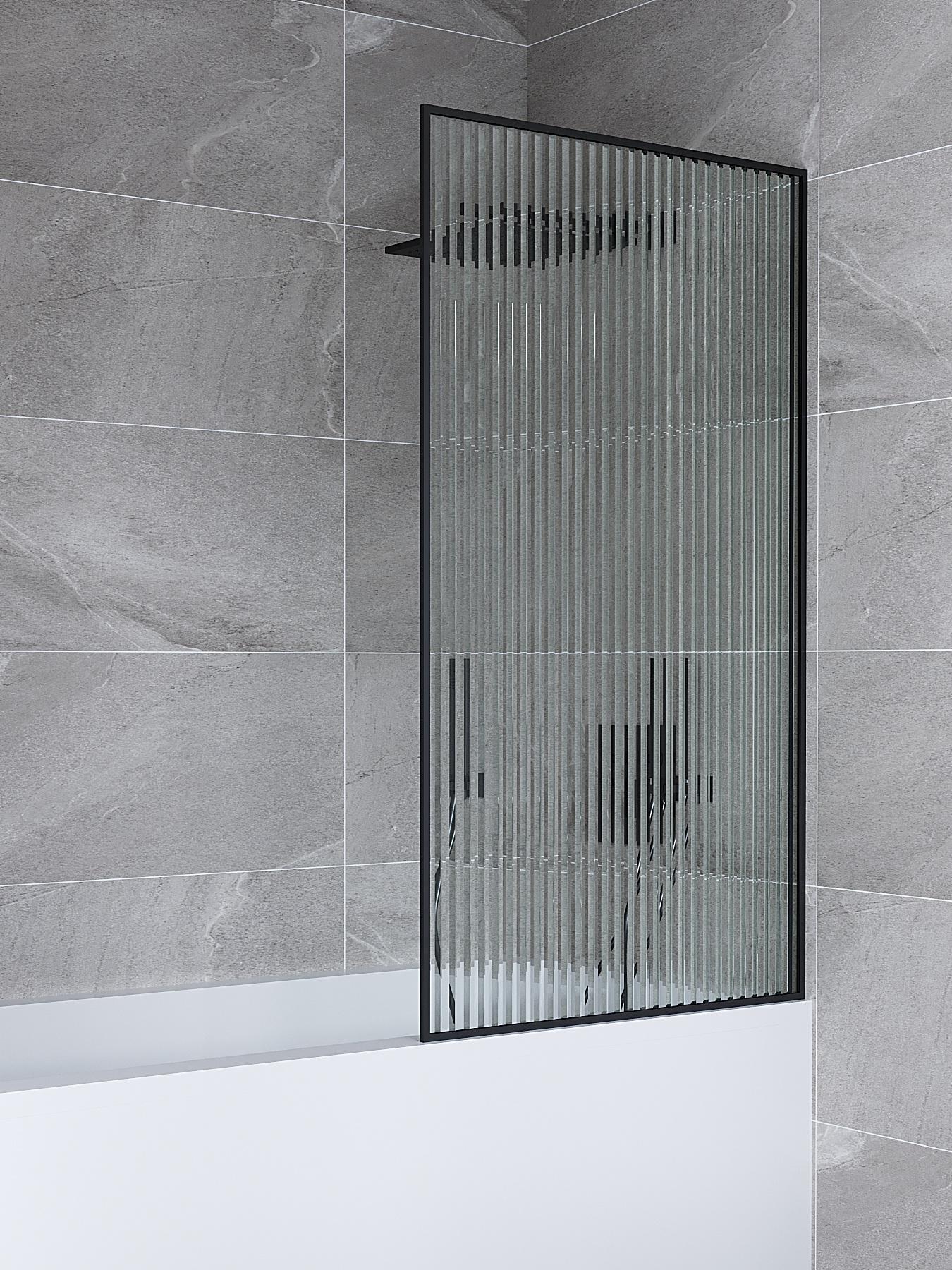 Шторка для ванны Amanda 700х1400 мм полупрозрачная Флуст ребристое стекло в черном профиле без верхнего держателя штанги