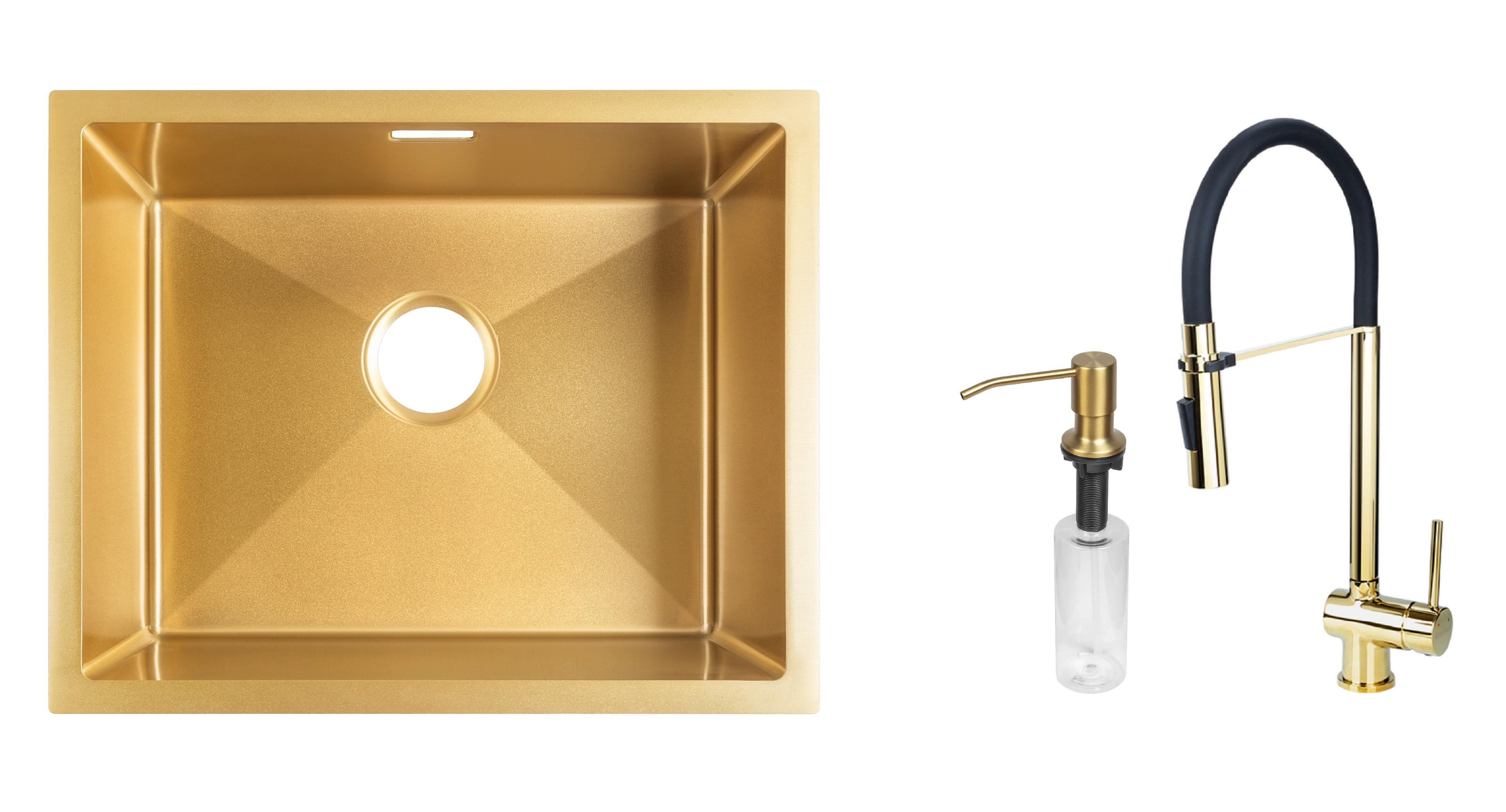 Комплект из кухонной мойки Gunter&Hauer Ruwer 5522 Gold кухонного смесителя Gunter&Hauer EDEL Gold и дозатора Gunter&Hauer SOAP DISPENSER Gold