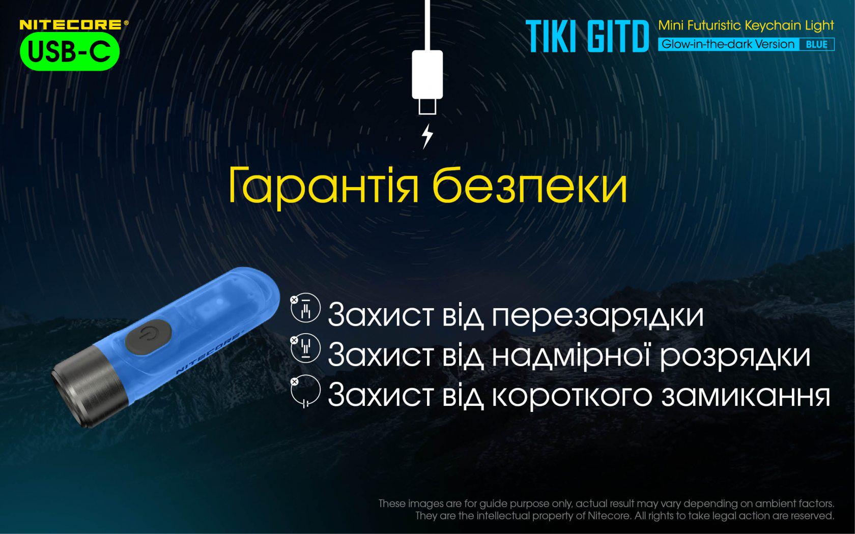 Фонарь наключительный Nitecore TIKI GITD Type-C люминесцентный с ультрафиолетом Blue (010331/1) - фото 5