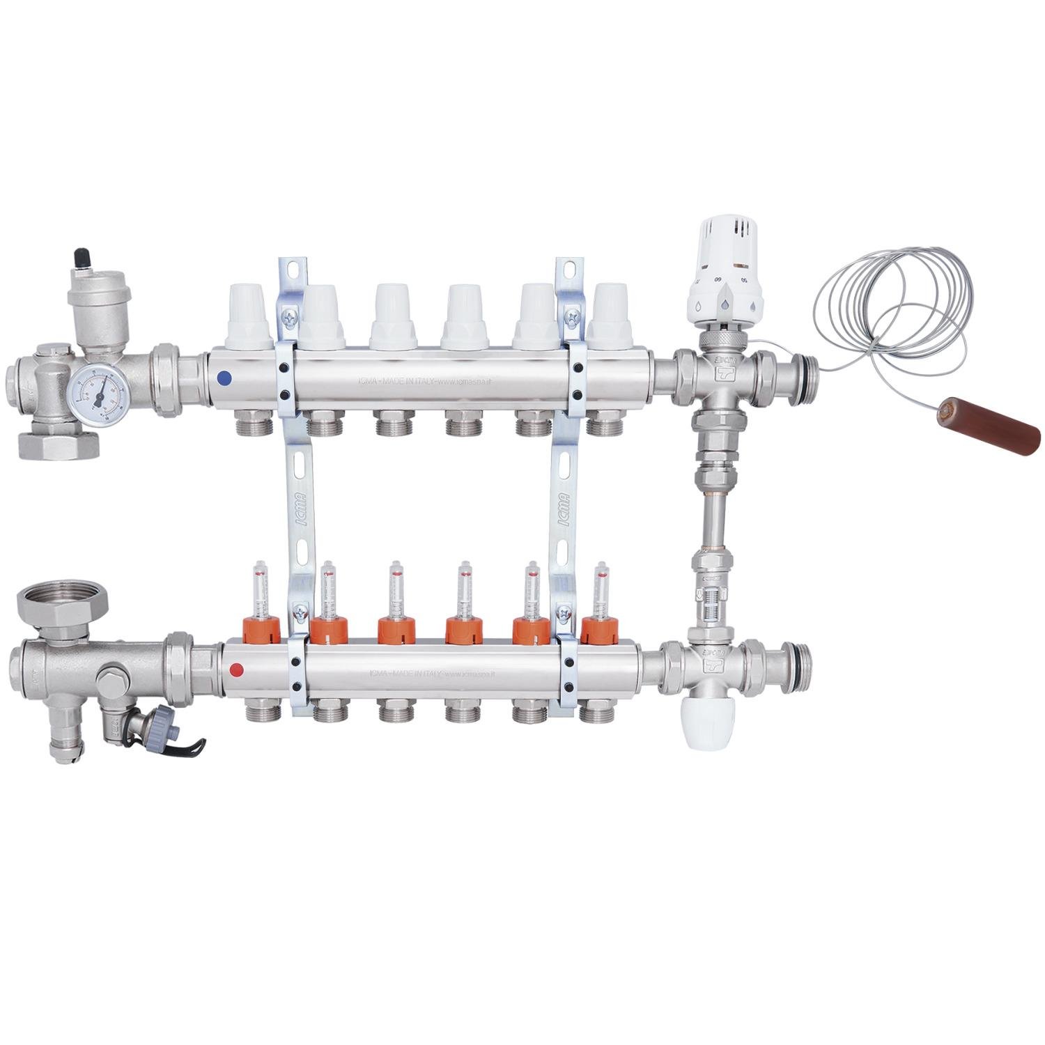 Коллектор для теплого пола ICMA A1K013APK06 6 контуров с расходомерами 1"/3/4" (78692) - фото 1