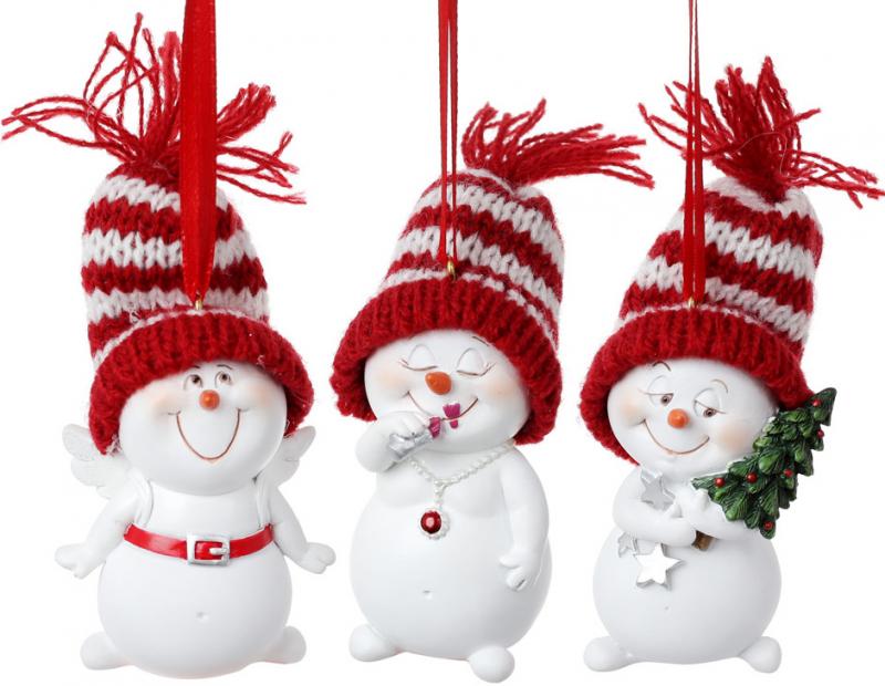 Фигурки новогодние подвесные Снеговик в вязаной красной шапке 6,5 см 12 шт. (BD-559-318)