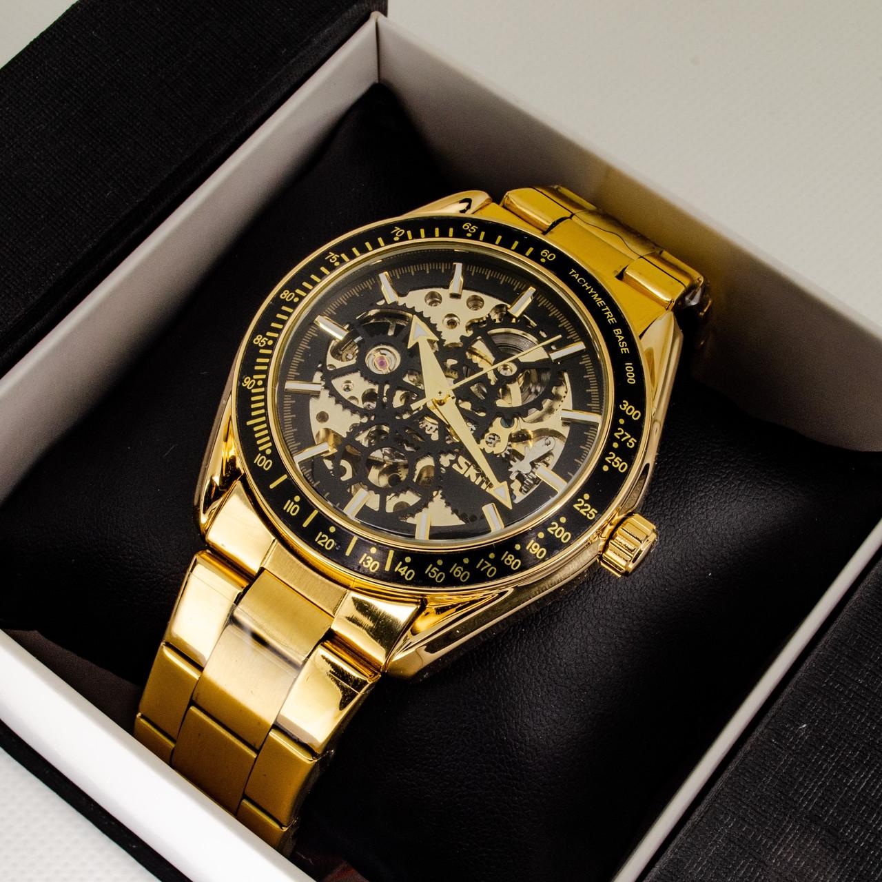 Наручные часы мужские механические скелетоны с автоподзаводом Skmei 9194 металлический браслет Золотой (1080-1463)