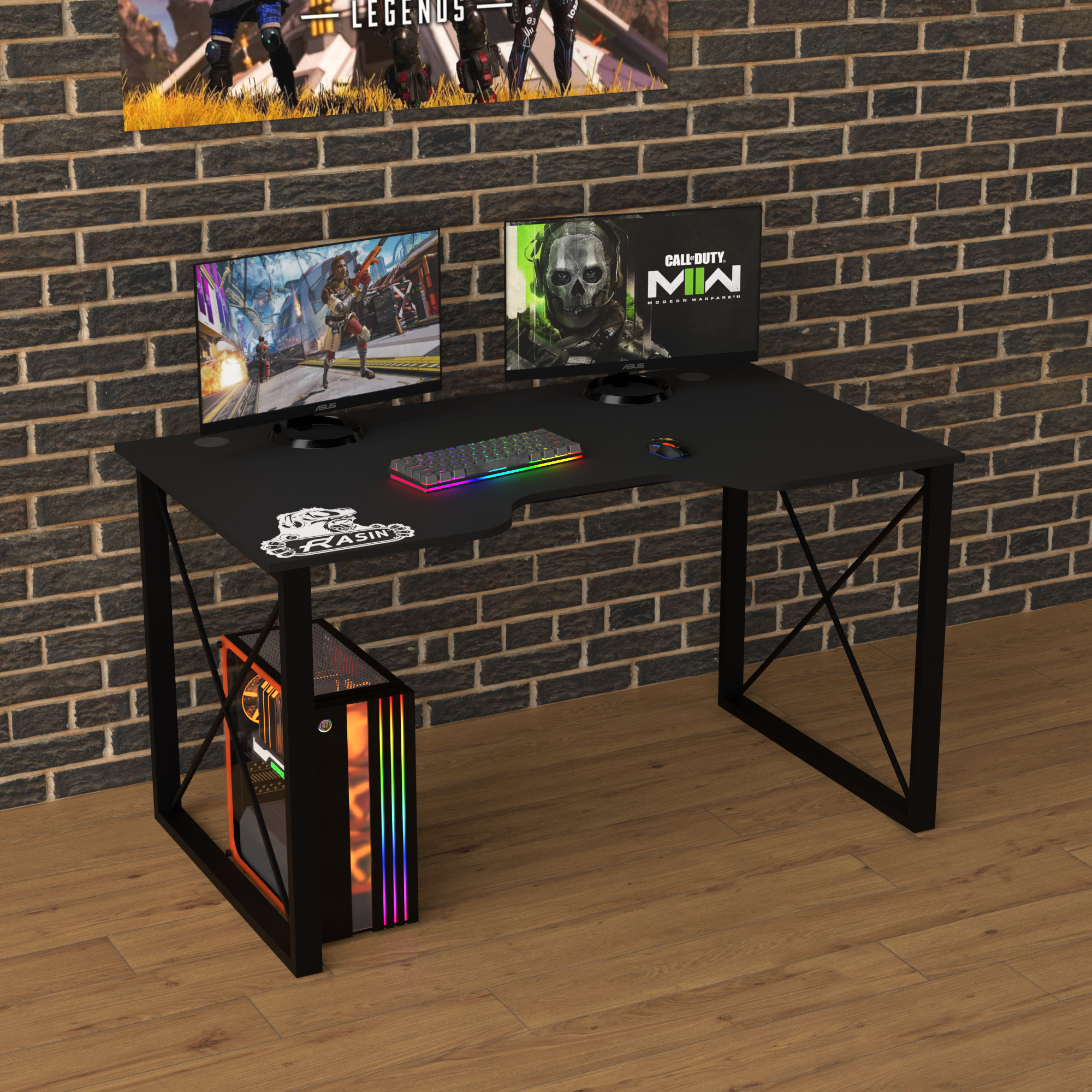 Стол геймерський ергономічний Zeus Rasin LOFT-13 метал/ламінована ДСП Чорний (Rs-13)