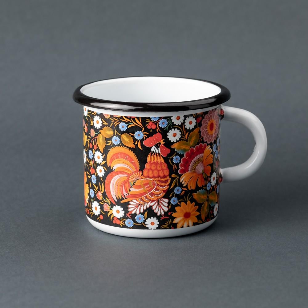 Кружка эмалированная Enamel mug с принтом Петриковская роспись Петушок 400 мл Белый