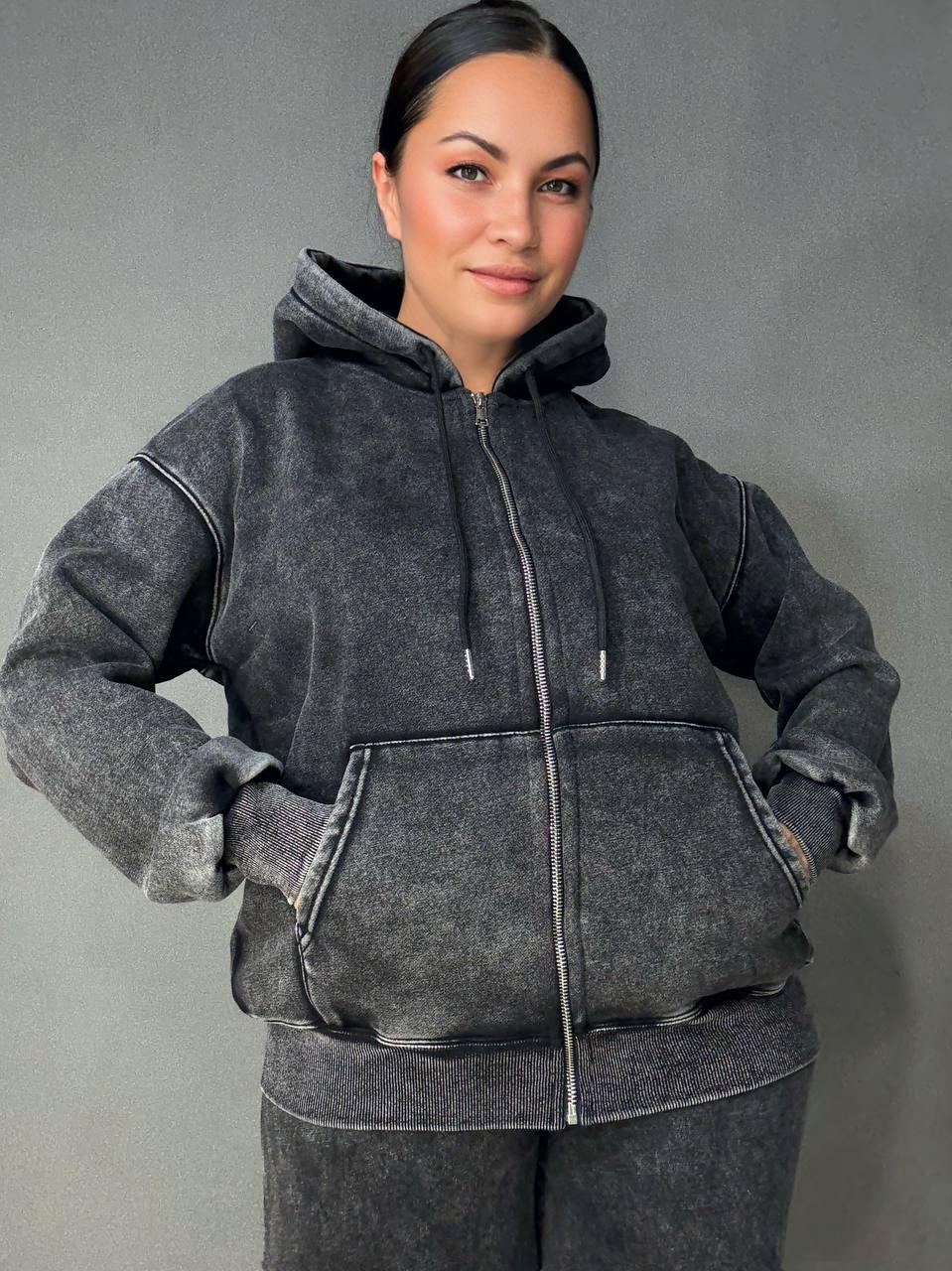 Костюм женский Joy One 2166-11 утепленный вареный худи с брюками палаццо M Черный (5959) - фото 4 Костюм женский Joy One 2166-11 утепленный вареный худи с брюками палаццо M Черный (5959) - фото 4