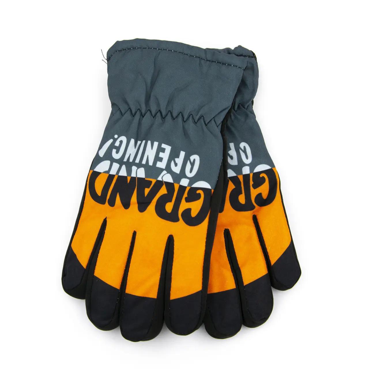 Подростковые перчатки болоневые лыжные с мехом на резинке с принтом Черно-оранжевый (23-6-6)