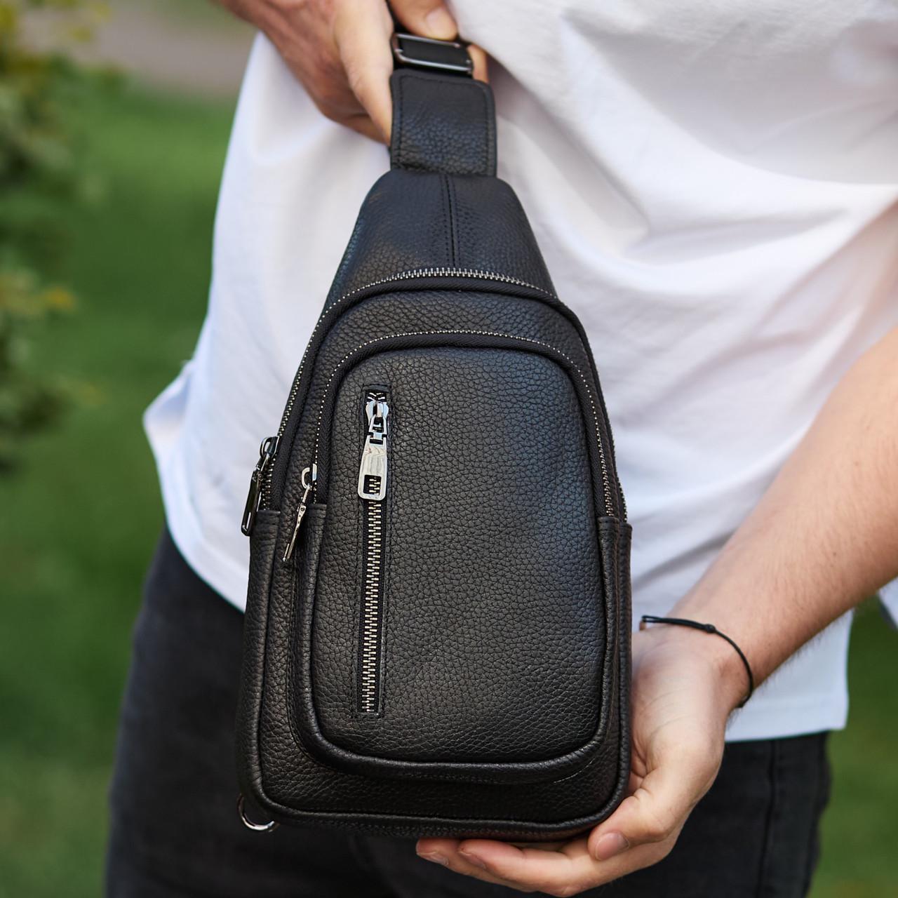 Сумка-слинг мужская Tiding Bag через плечо из натуральной кожи Черный (32545)