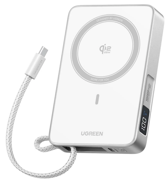 Повербанк UGREEN MagFlow 10000 mAh Qi2 25W со встроенным кабелем и дисплеем White
