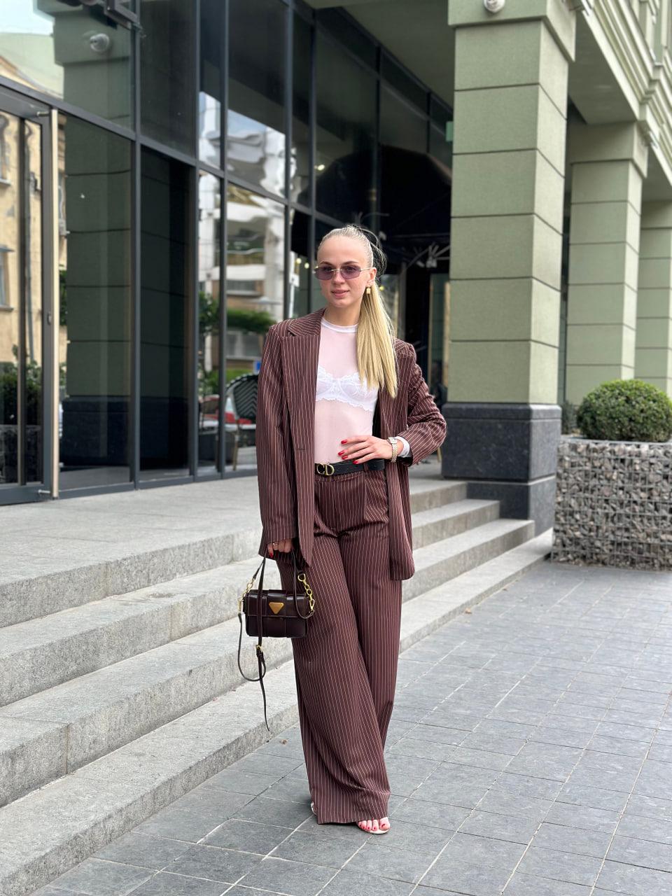 Костюм женский в полосочку пиджак/брюки S Шоколадный (2628190769) - фото 5