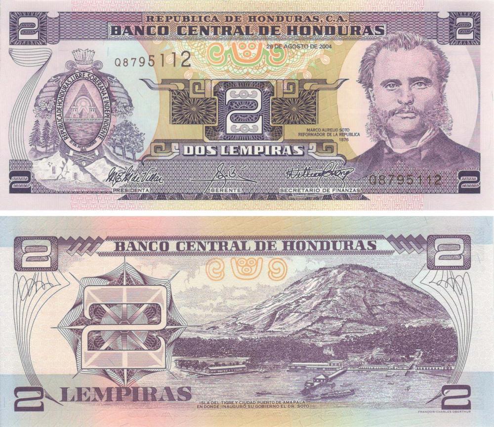 Коллекционная банкнота Гондурас 2 лемпиры 2004 UNC P80Ae (Б09027)