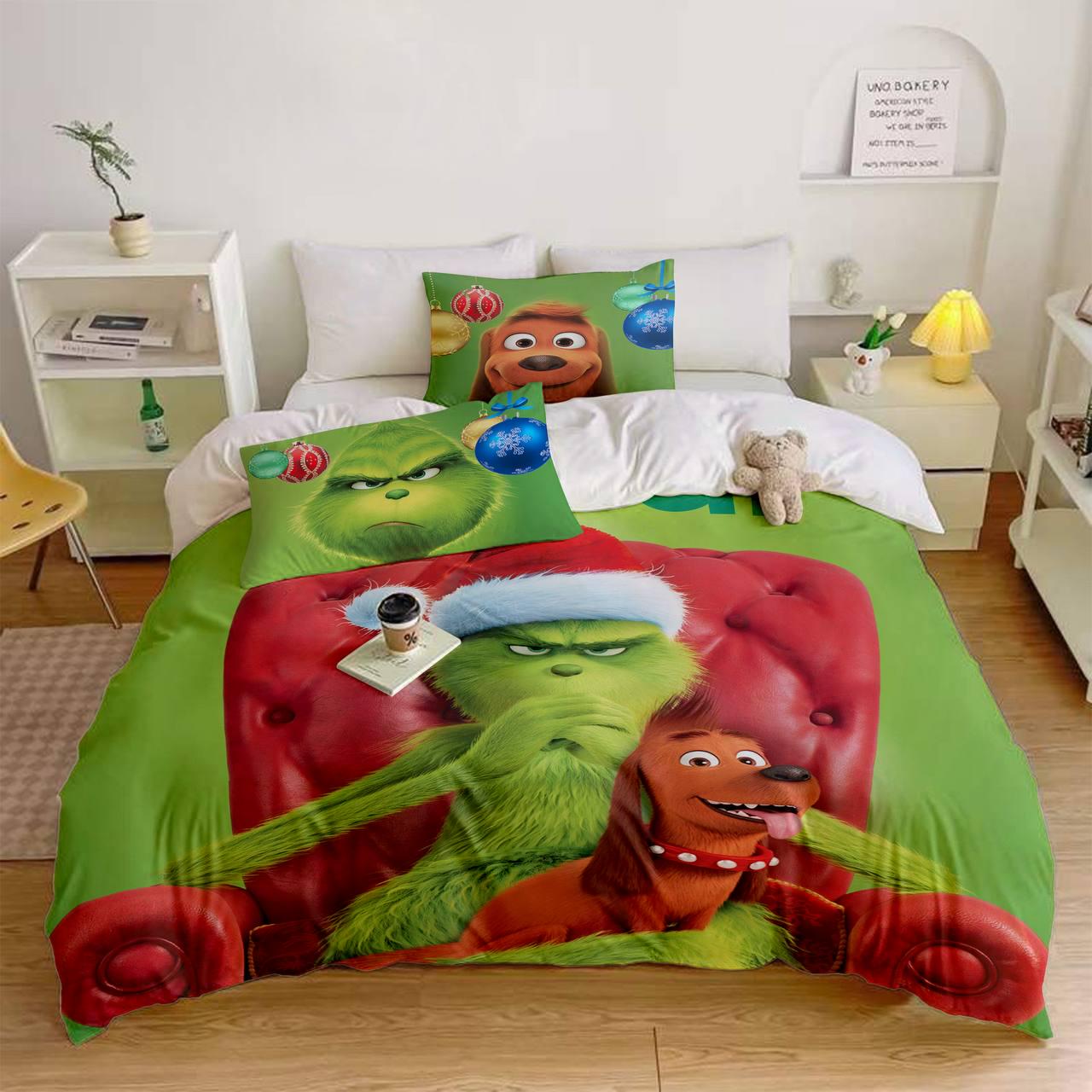 Комплект постільної білизни Новорічний Грінч із мікросатину полуторний (14873_50) Комплект постільної білизни Новорічний Грінч із мікросатину полуторний (14873_50)