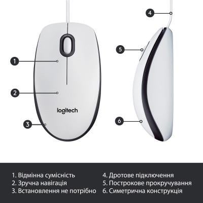 Компьютерная мышка Logitech M100 USB White (910-006764) - фото 6