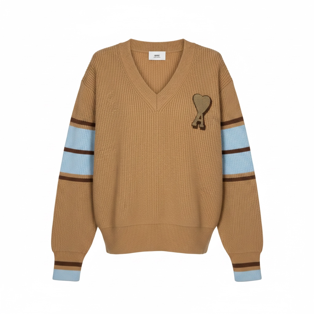 Пуловер мужской AMI Paris V-Neck Heart Logo Striped Knit Sweater M Beige Camel (AP07001.4M) Пуловер мужской AMI Paris V-Neck Heart Logo Striped Knit Sweater M Beige Camel (AP07001.4M)