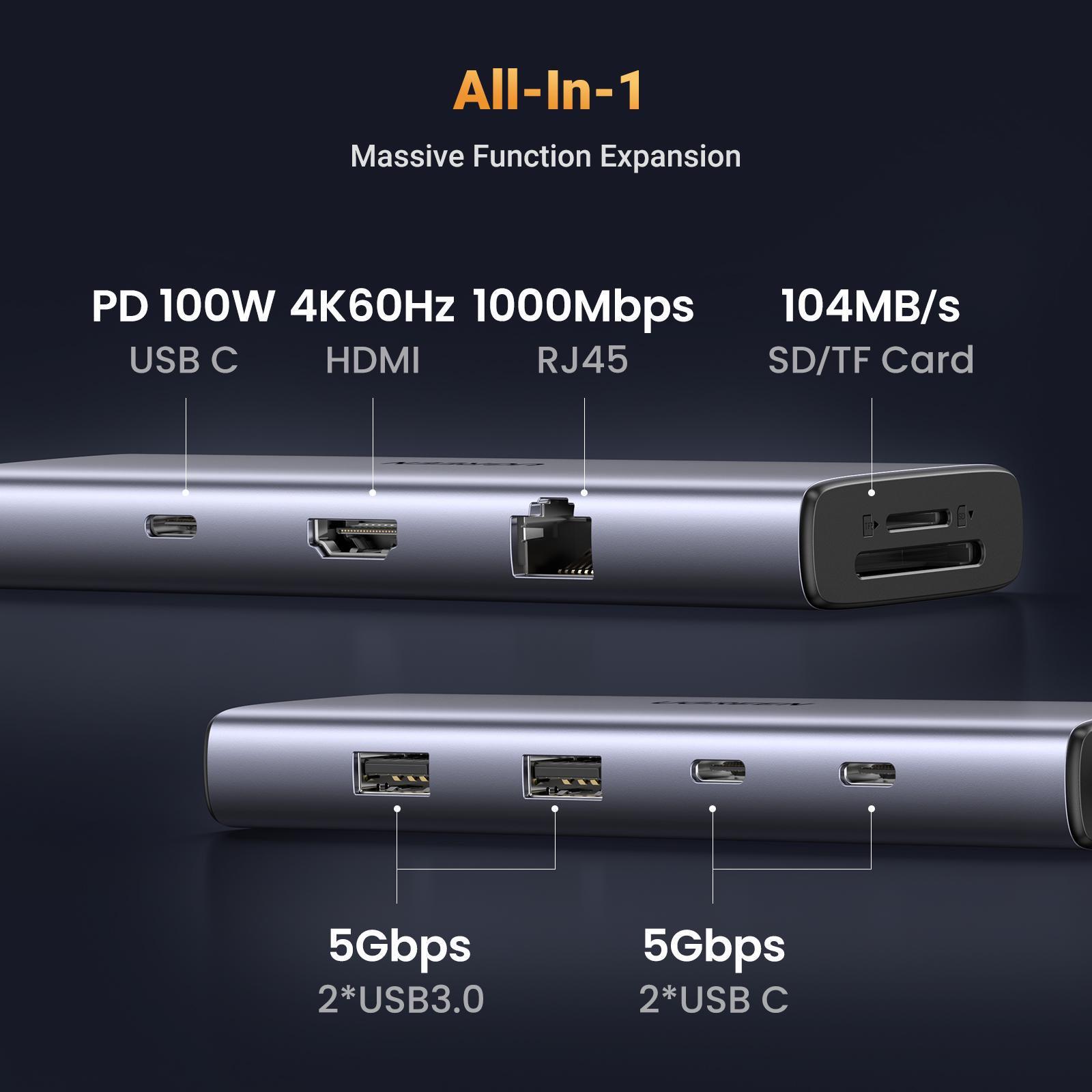 USB-хаб UGREEN Revodok Type-C-2x USB-A 3.0/5 Гбіт/с 2x USB-C 3.0/5 Гбіт/с HDMI 4K 60Hz/RJ45 1 Гбіт/с SD/TF карти/Type-C PD 100W USB-C Сірий (15375) - фото 3 USB-хаб UGREEN Revodok Type-C-2x USB-A 3.0/5 Гбіт/с 2x USB-C 3.0/5 Гбіт/с HDMI 4K 60Hz/RJ45 1 Гбіт/с SD/TF карти/Type-C PD 100W USB-C Сірий (15375) - фото 3